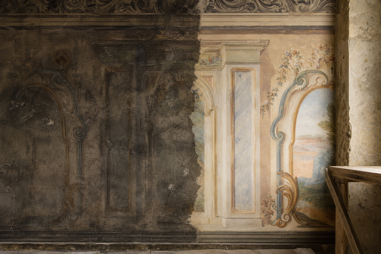 Angolo di affresco con confronto prima e dopo il restauro